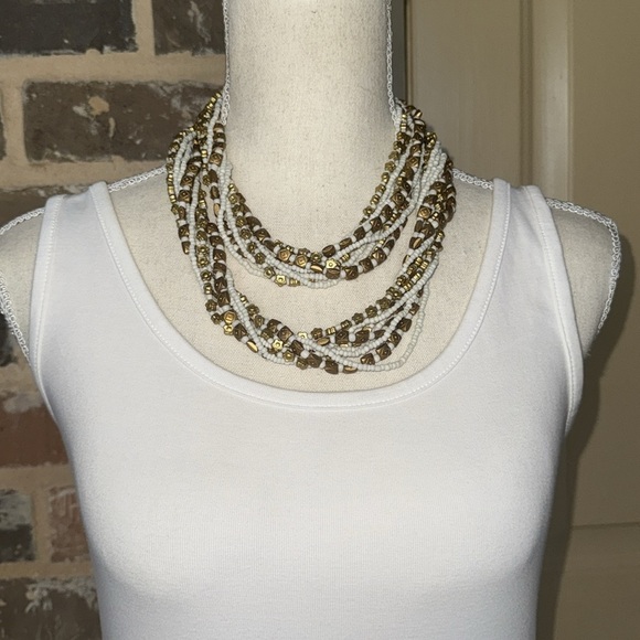 Stunning White & Gold Beaded Multi-Strand Twist Necklace & Bracelet Set Unique - Picture 15 of 16